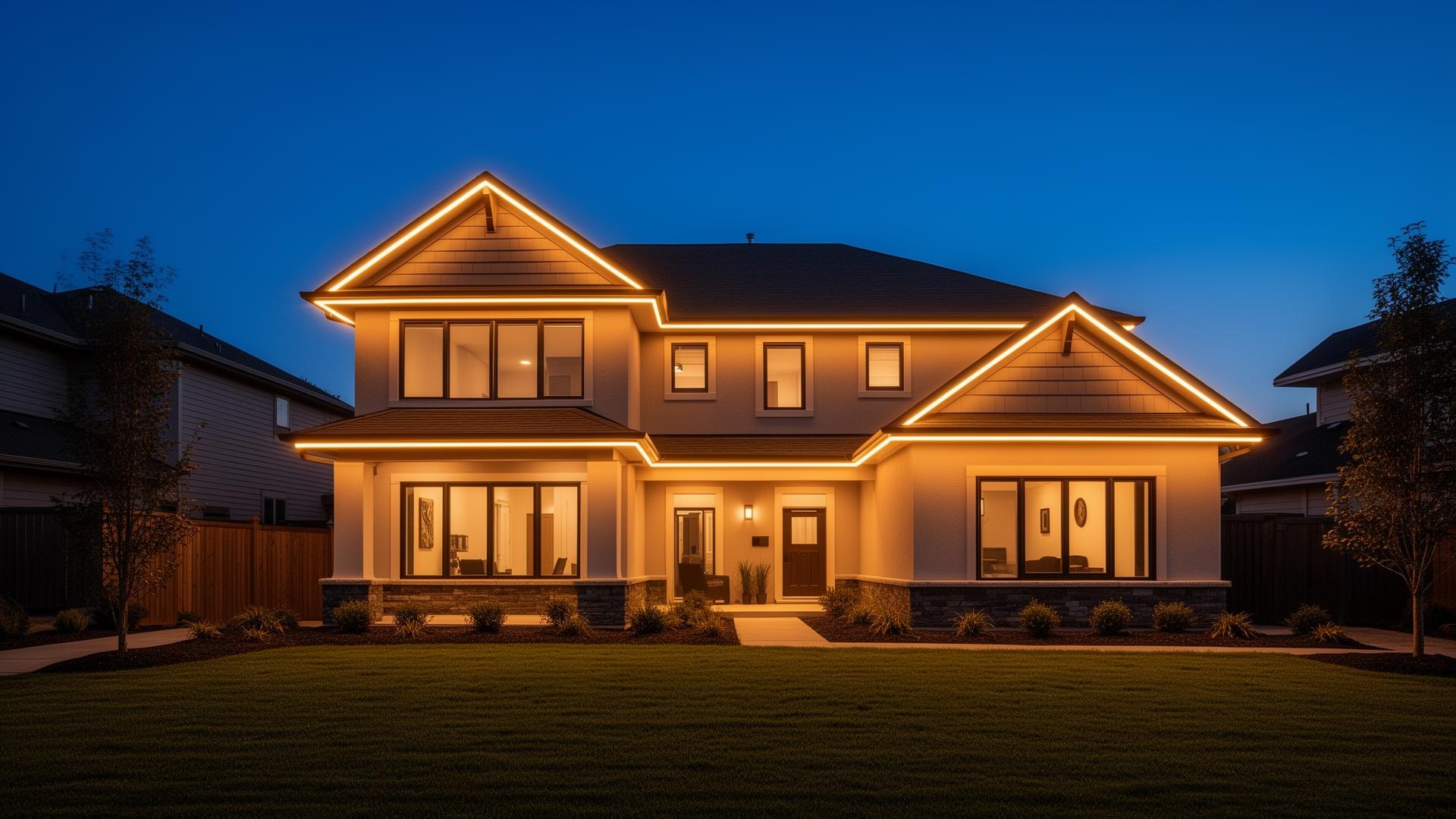 Outdoor lighting installation on a residential home at dusk with warm-lit roofline